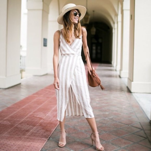 ASTR The Label Striped Linen Wrap Dress V-Neck Sleeveless Beige Cream X Small - Picture 1 of 9